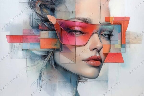 "Abstract digital art of a woman with geometric shapes and red-tinted glasses."