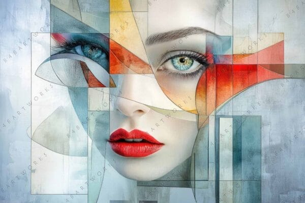 "Abstract digital artwork of a woman's face using geometric shapes and red accents."