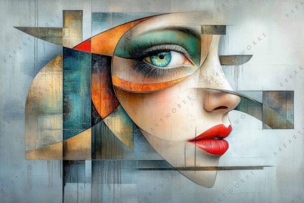 Cubist digital painting of a woman's face with red lips and green eye.