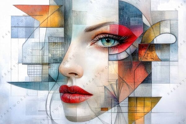 "Geometric digital art portrait with vibrant red, blue, and orange elements."