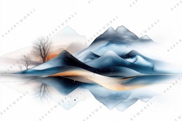 Abstract digital art of serene mountains and trees in blue, orange, and white tones.