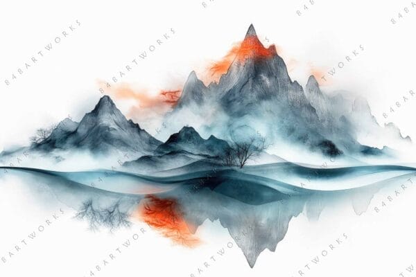 Digital painting of misty mountains with orange highlights, reflecting on a calm lake.