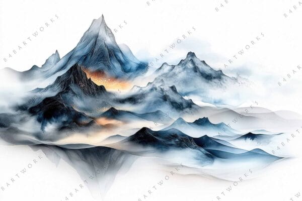 "Abstract digital painting of misty mountain landscape in blue and orange hues."