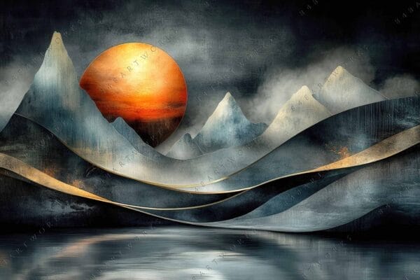 "Abstract digital art of mountains with a metallic sun, in blue and orange tones."