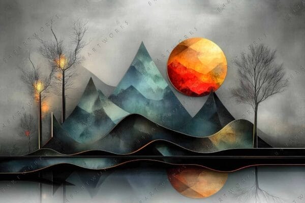 Digital painting of teal mountains with fiery orange sun and barren trees.