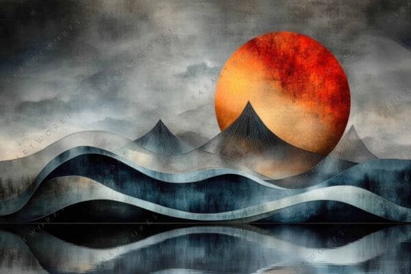 Abstract digital art of mountains with large red sun, in gray and blue tones.