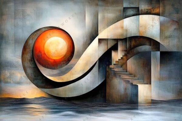 "Abstract digital art featuring geometric shapes, spiral, and stairs in blue and orange tones."