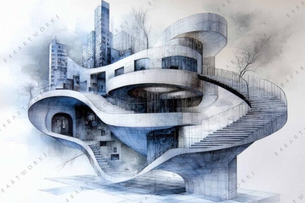 "Futuristic architectural digital art with curved structures in muted blue-gray tones."