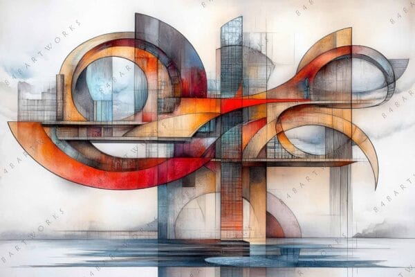 "Abstract architectural illustration with geometric shapes in red, orange, and blue tones."