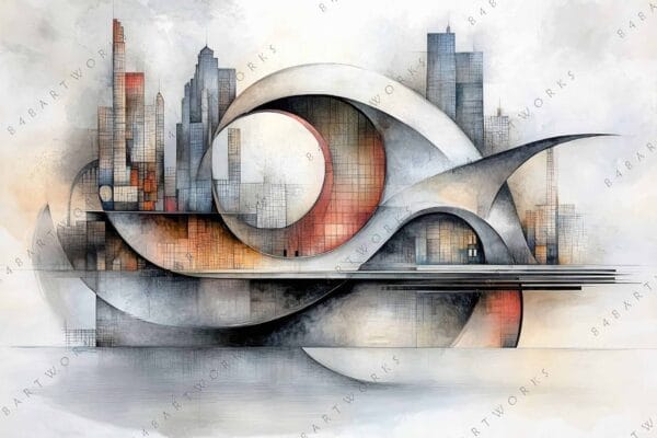 "Abstract digital art of a city skyline with geometric shapes in earthy tones."