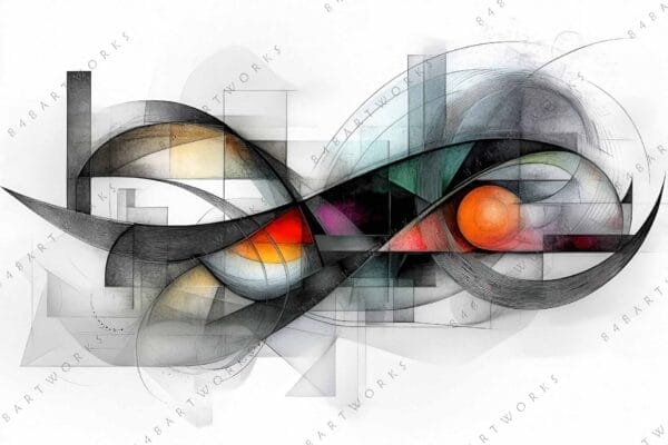 "Abstract digital artwork with geometric shapes in gray, orange, and red tones."