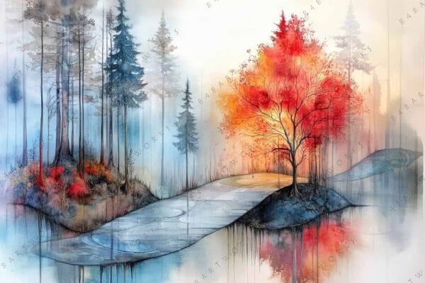 Abstract watercolor painting of a misty forest with vivid red-orange trees.