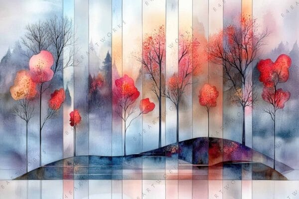 Abstract watercolor painting of trees with red foliage, blue and gray background.