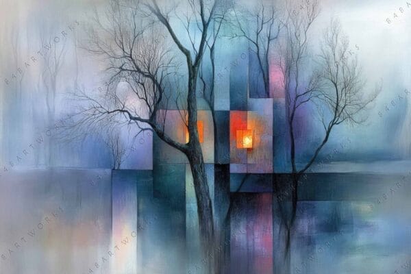Abstract digital painting of leafless trees with geometric shapes in blue and orange tones.