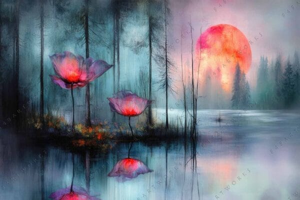 "Digital painting of glowing pink flowers and misty forest with a large sun."