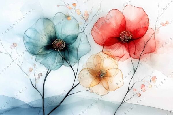 Digital watercolor painting of translucent flowers in red, teal, and yellow on white background.