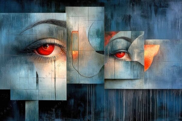 "Abstract digital artwork of geometric eyes with red irises in blue tones."