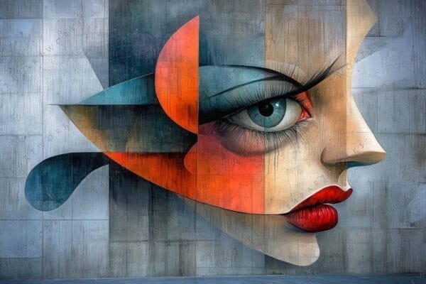 "Abstract digital art of a stylized face with geometric shapes and bold colors."