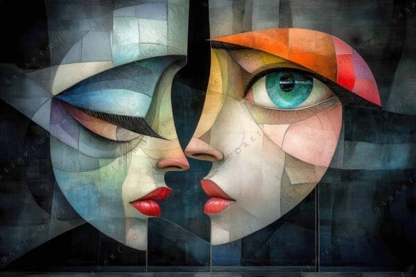 "Abstract digital painting of two faces with vibrant geometric patterns in blue and red."