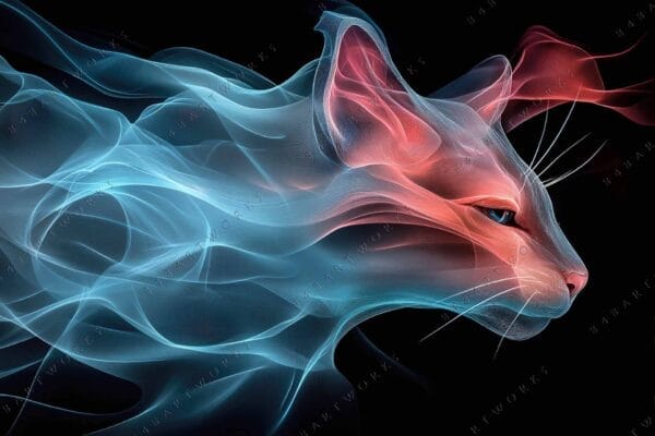 "Abstract digital art of a cat's profile in flowing red and blue lines."