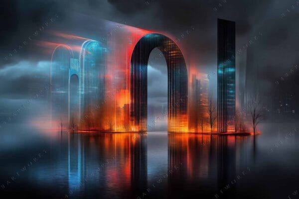 "Digital artwork of futuristic arches with vibrant red and blue lights over water."