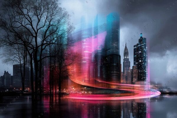 "Digital art of a futuristic cityscape with neon pink and blue light trails."