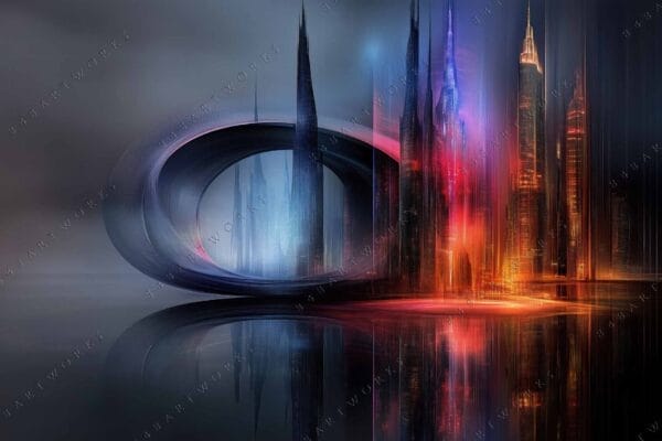 Futuristic digital artwork of abstract skyscrapers with neon blue and orange lighting.