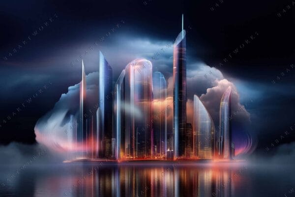 Futuristic digital painting of illuminated skyscrapers in a misty landscape with vivid neon glows.
