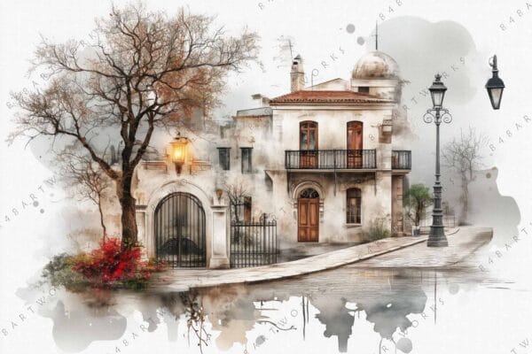 Watercolor painting of an old European street with a lamppost and bare tree.