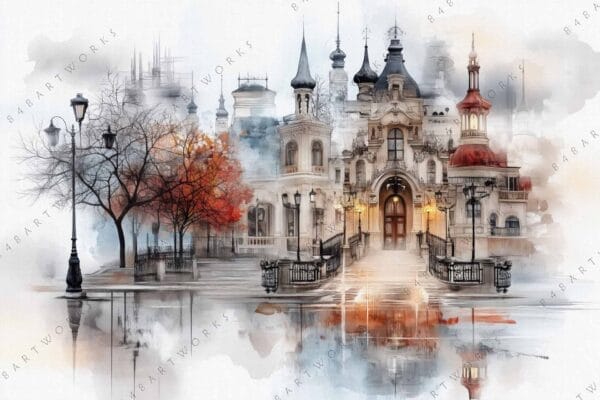 Digital painting of a grand palace with trees and reflections in muted autumn colors.