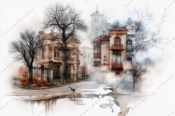 Digital painting of vintage buildings and leafless trees in a misty, autumnal setting.