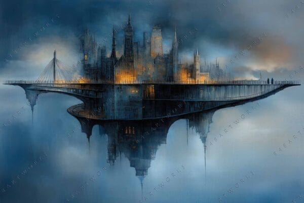 "Fantasy digital art of a floating city with glowing windows, in blue and orange."