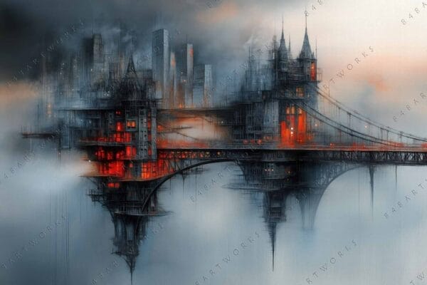 "Futuristic digital painting of a foggy cityscape with glowing red windows and towers."
