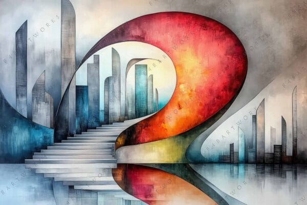 "Abstract painting of futuristic cityscape with blue and red tones, featuring curved structures."