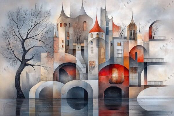 "Surreal digital painting of abstract buildings and tree in muted and red tones."