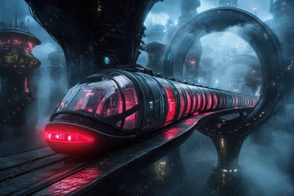 Futuristic digital art of a glowing red train in a misty blue cityscape.