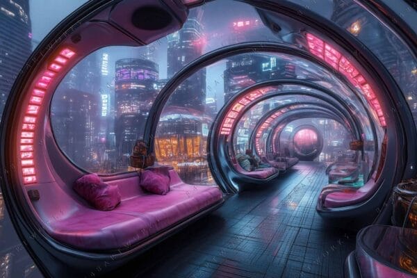 Futuristic digital art of neon-lit pod interior with cityscape view in pink and blue.