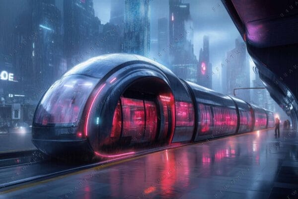 Futuristic digital art of a sleek train with neon red lights in a rainy city.