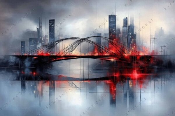 Futuristic digital painting of a cityscape with a bridge, in red and gray tones.