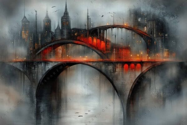 Futuristic digital painting of an illuminated cityscape with bridges, in gray and red tones.