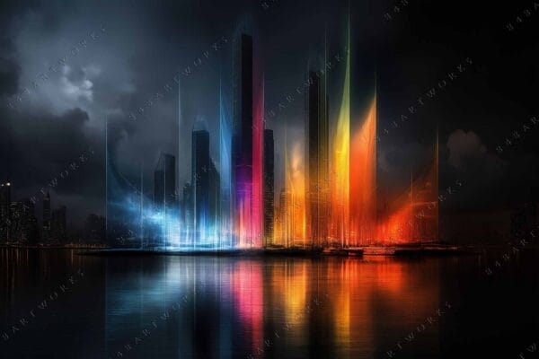 "Futuristic digital art of a city skyline with vibrant neon blue and orange lights."