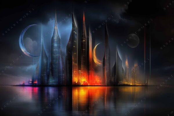 Futuristic digital artwork of glowing skyscrapers reflecting in water, with crescent moons above.