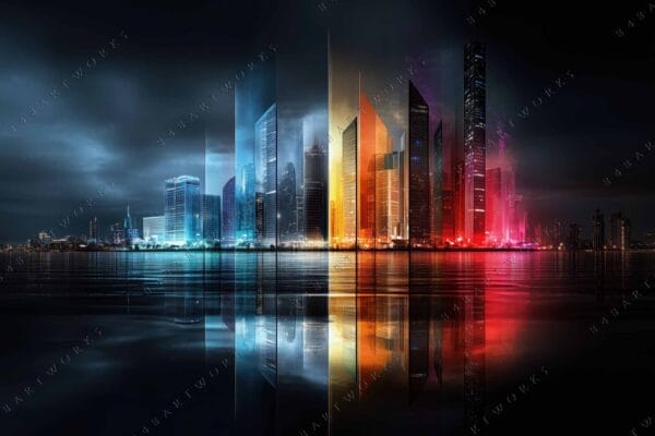 "Digital artwork of a futuristic cityscape with vibrant blue, yellow, and red lighting."