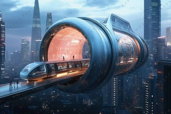 Futuristic digital cityscape with modern train traveling through illuminated tunnel at dusk.