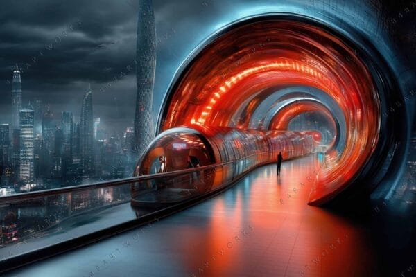 Futuristic digital art of a cityscape with glowing red and blue tunnel.