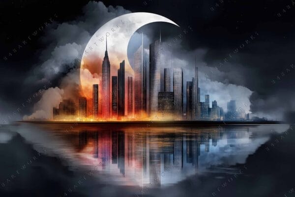 "Digital art of a city skyline with a crescent moon and fiery reflections."