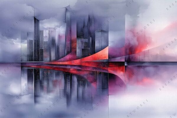 "Abstract digital art of modern cityscape with red accents and reflective water surface."