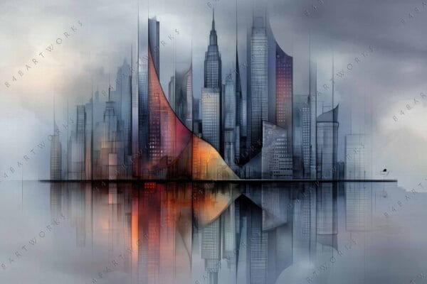 "Abstract digital painting of a city skyline with reflections, in blue and orange hues."