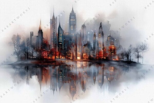 Digital painting of a foggy city skyline with a lake reflection and autumn trees.