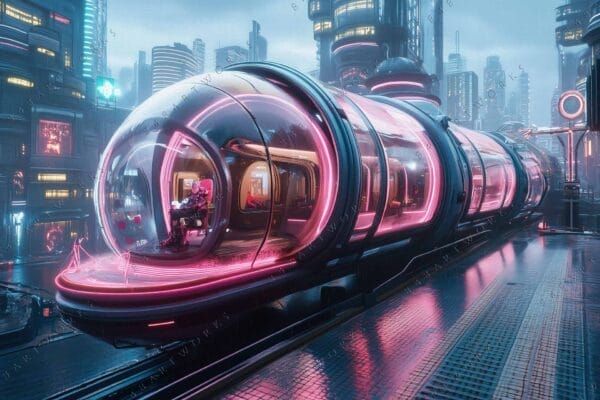 Futuristic digital art of a neon-lit train in a rainy cityscape.